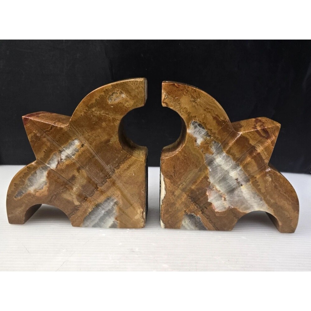 Vintage Banded Onyx Stone Fleur-de-Lis Bookends Hand-Carved Natural Stone MCM 5”